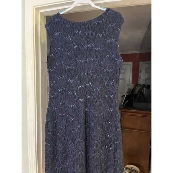 Lauren Ralph Lauren Lace Sequence Ruched Asymmetrical Navy Blue Dress 16W - Picture 4 of 13